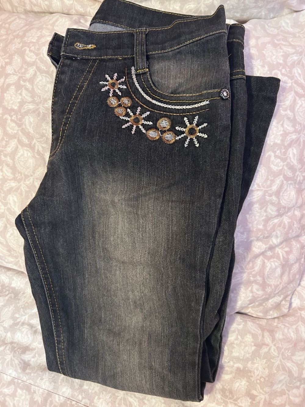 Dark Wash Embroidered Women's Jeans - Floral Accent